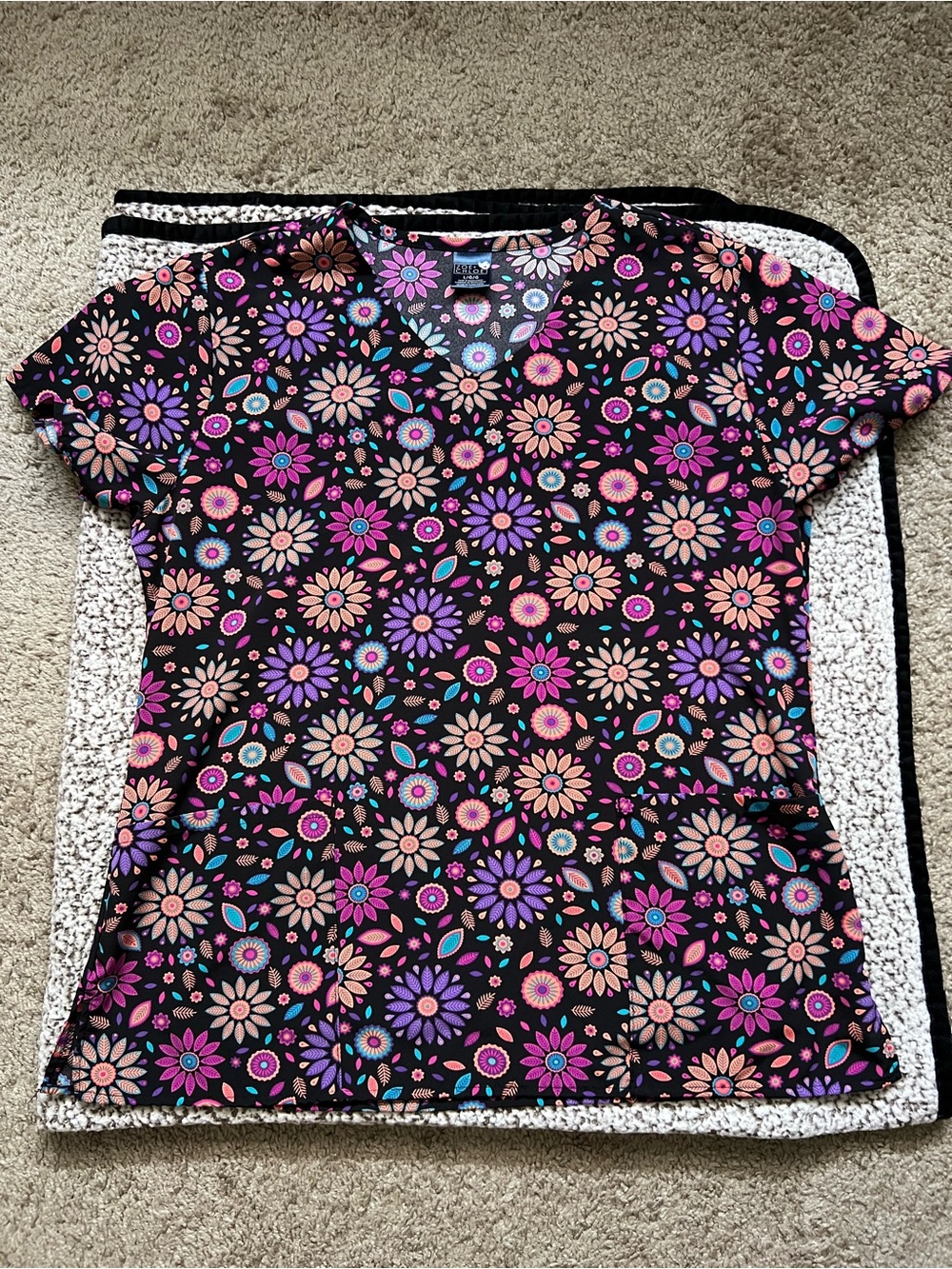 Women’s Floral scrub top by Zoe + Chloe~Black with Pink & Purple Flowers